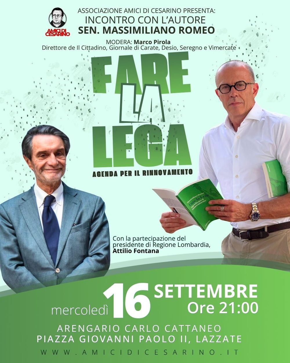 Locandina dell'incontro con il senatore Massimiliano Romeo per il libro Fare la Lega, mercoledì 16 settembre alle 21 all'Arengario Carlo Cattaneo di Lazzate
